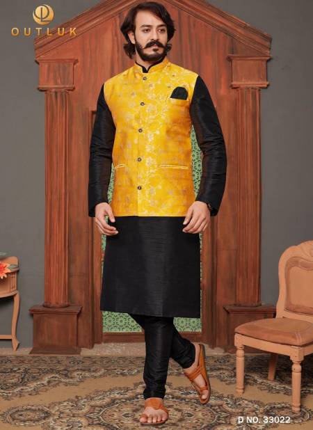 Yellow And Black Colour Latest Design Festive Wear Art Silk Digital Printed Kurta Pajama With Jacket Mens Collection 33022